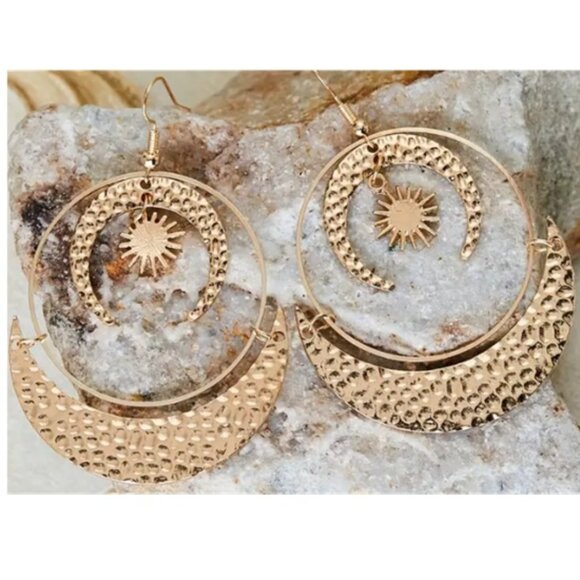Bohemian Sun & Moon Openwork Drop Earrings - Golden -Tone Metal Detailing - Picture 2 of 3